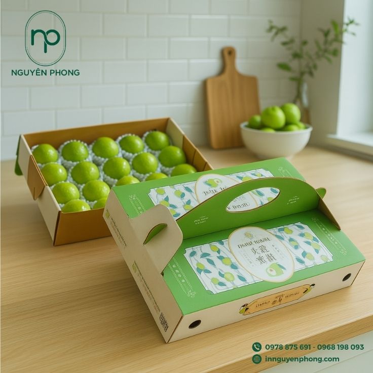 Mẫu thùng carton đựng ổi thiết kế quai cầm tiện lợi